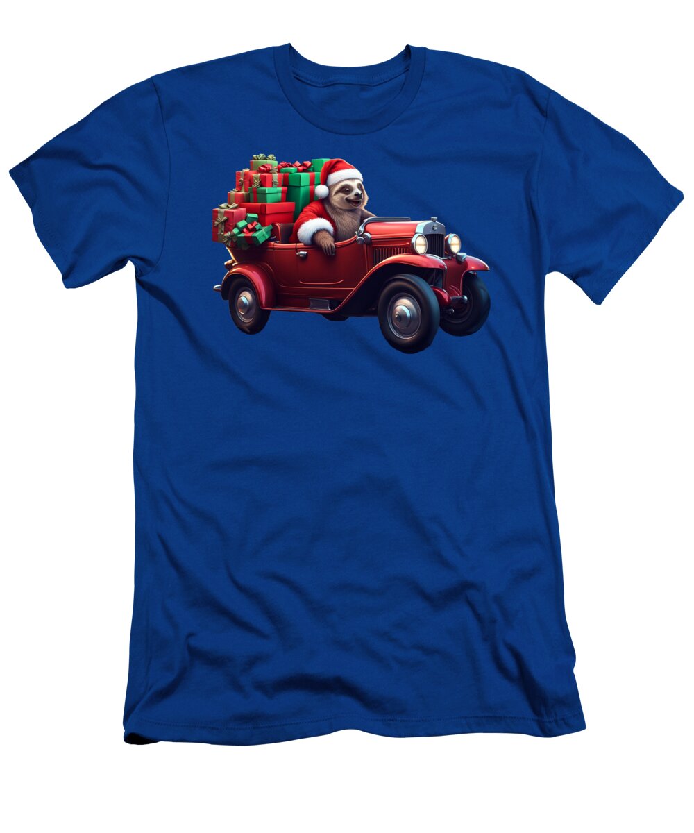 Santa Sloth in an Old Car with Gifts Santa Sloth T-Shirt