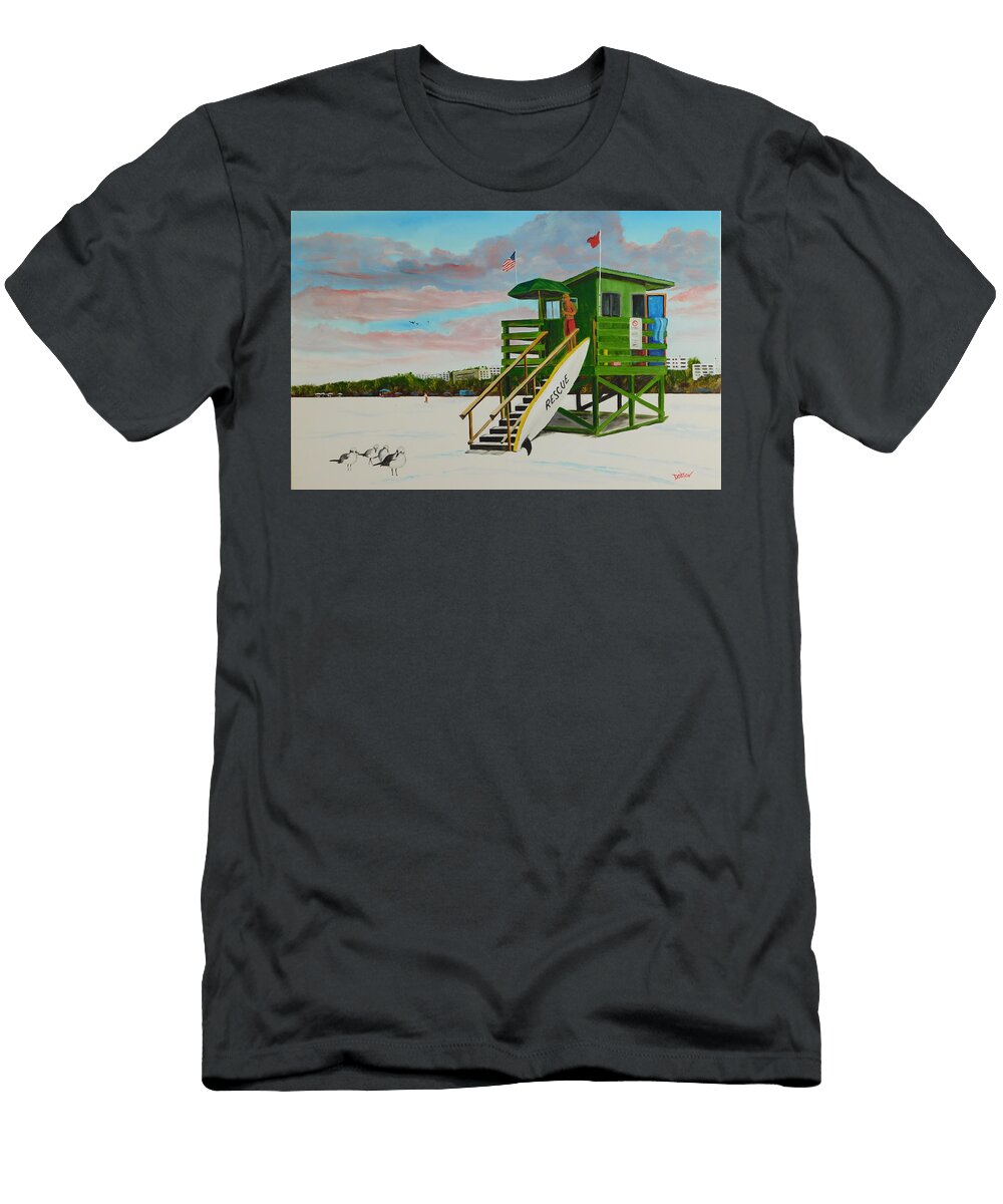 Scooter At the Magical Green Lifeguard Stand on Siesta Key Lloyd Dobson T-Shirt