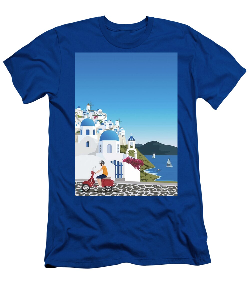 Scooter Ride in Santorini Santorini Travel Print Travel Poster Art Print T-Shirt