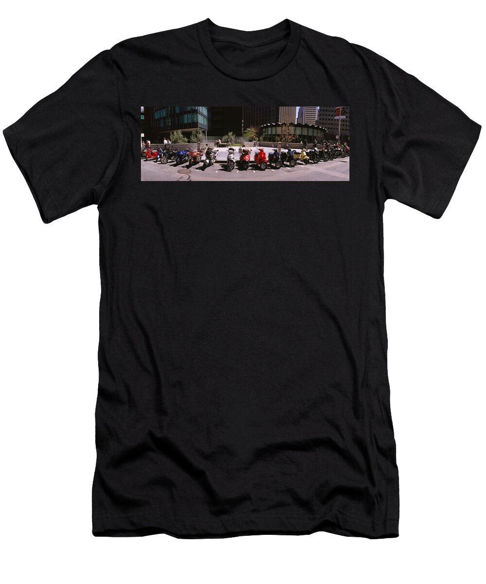Scooters and Motorcycles Parked Panoramic Images T-Shirt