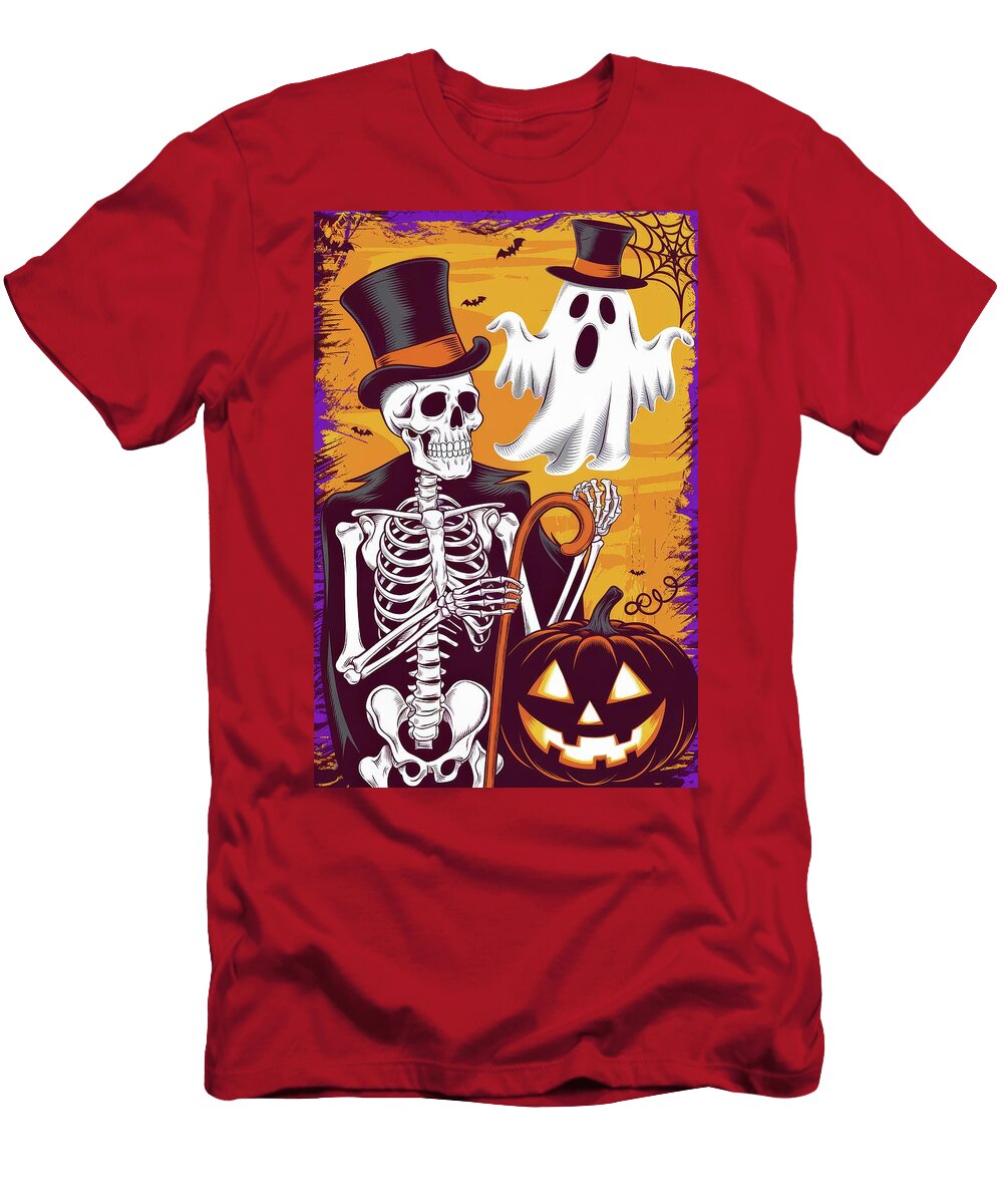 Skeleton with Pumpkin in a Haunted World Vidddie Publyshd T-Shirt
