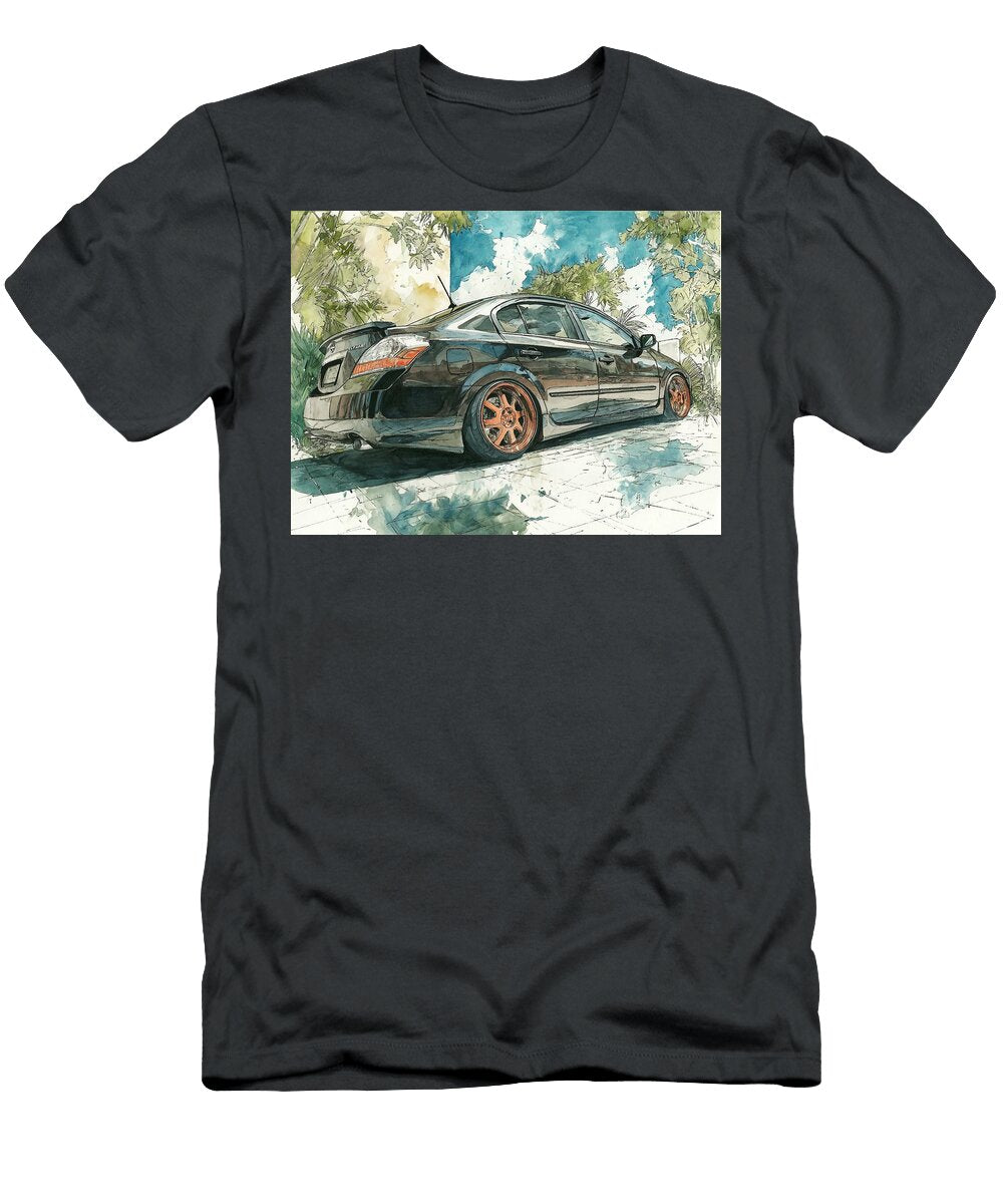 Sleek Black Car with Copper Rims Car Illustration Nissan Sentra 2007 Sedan Watercolor Art Watercolor Hollie Love T-Shirt