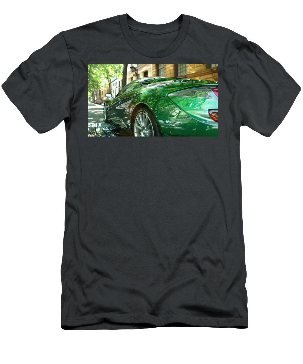 Sleek Green Sports Car on City Street Evie Carrier T-Shirt
