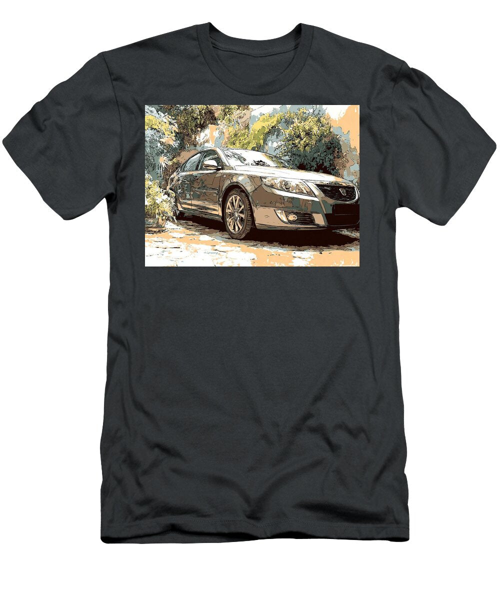 Sleek Modern Sedan in Leafy Driveway Saab 9 5 Sedan 2010 Sedan Outdoor Scene Cartoon Car Stylish Car Hollie Love T-Shirt