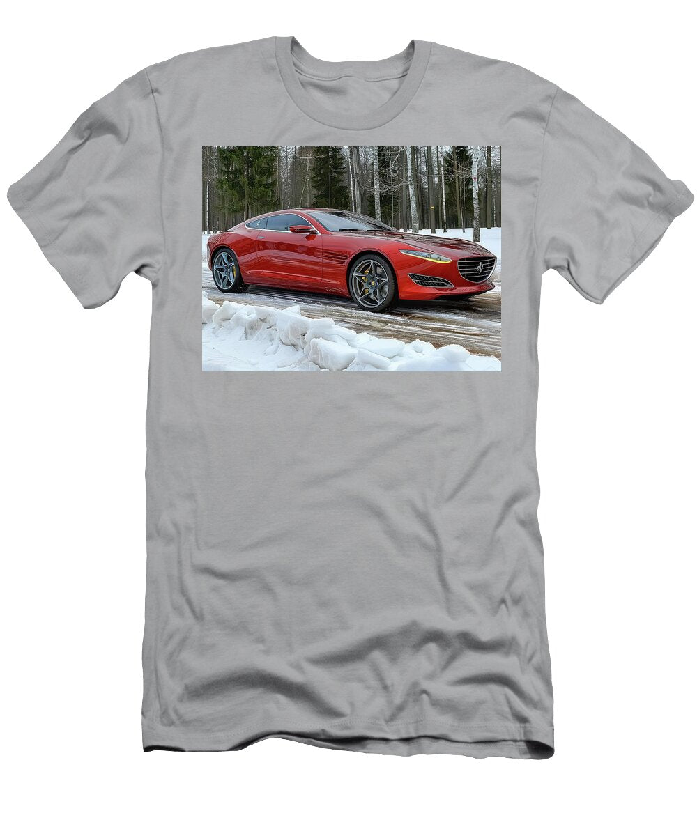 Sleek Red Sports Car in Snow Evie Carrier T-Shirt