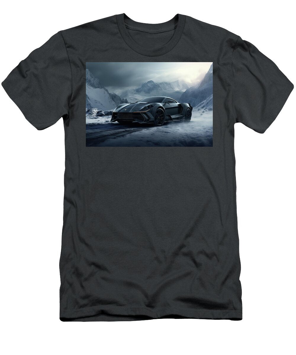 Sleek Sports Car in Snowy Mountains Evie Carrier T-Shirt