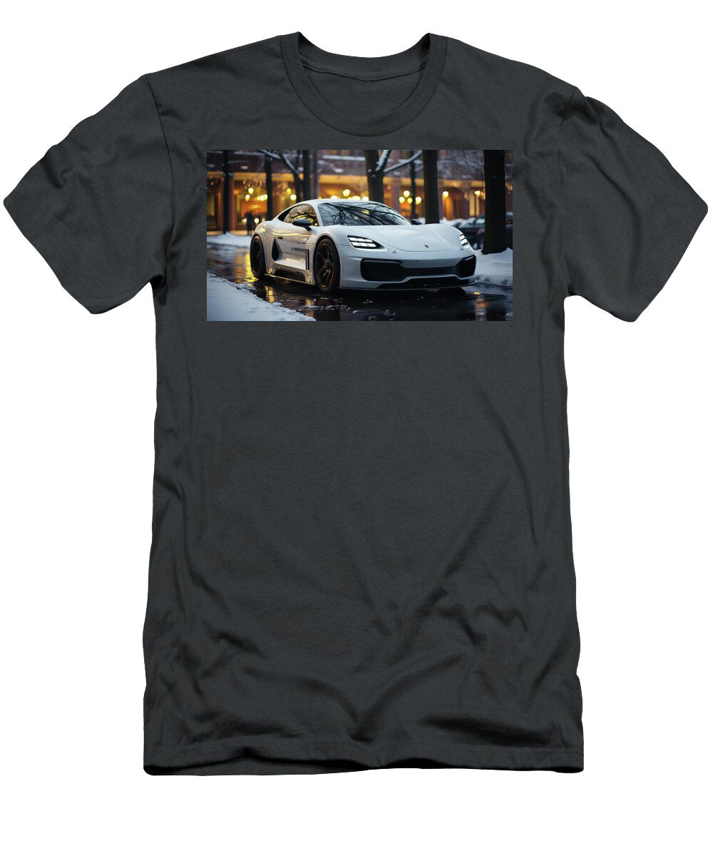 Sleek White Sports Car in Snowy Street Evie Carrier T-Shirt