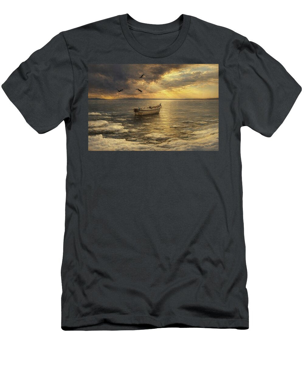 Small Boat Between Light and Darkness in Wintertime Aleksandrs Drozdovs T-Shirt