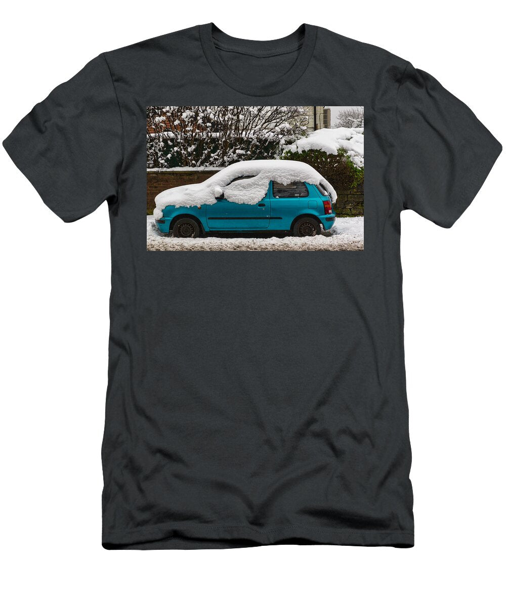 Snow Covered Teal Hatchback Parked on Snowy Street in Harrogate UK Vasile Jechiu T-Shirt