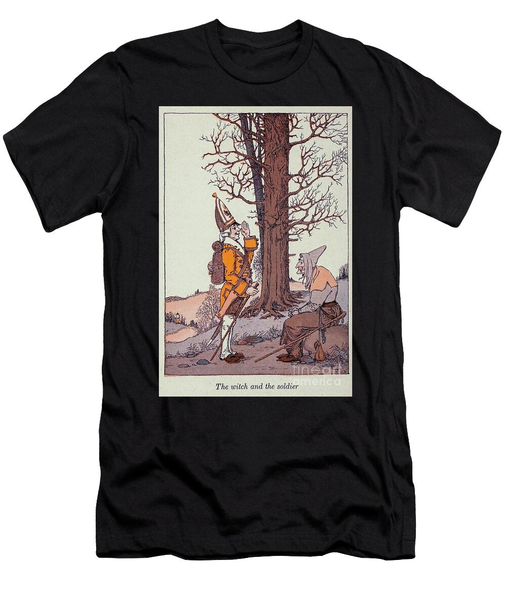 Soldier Finding Old Witch in Fairytale Forest At4 Historic Illustrations T-Shirt