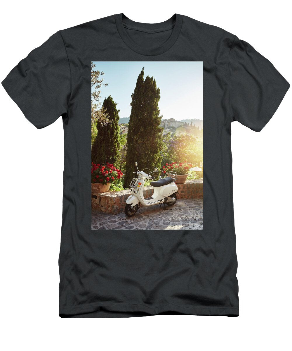 Spain Balearic Islands Mallorca Mediterranean Sea Illes Balears District Serra De Tramuntana Deia Scooter in Deia a Hilltop Village in the Tramuntana Mountain Range Richard Taylor T-Shirt