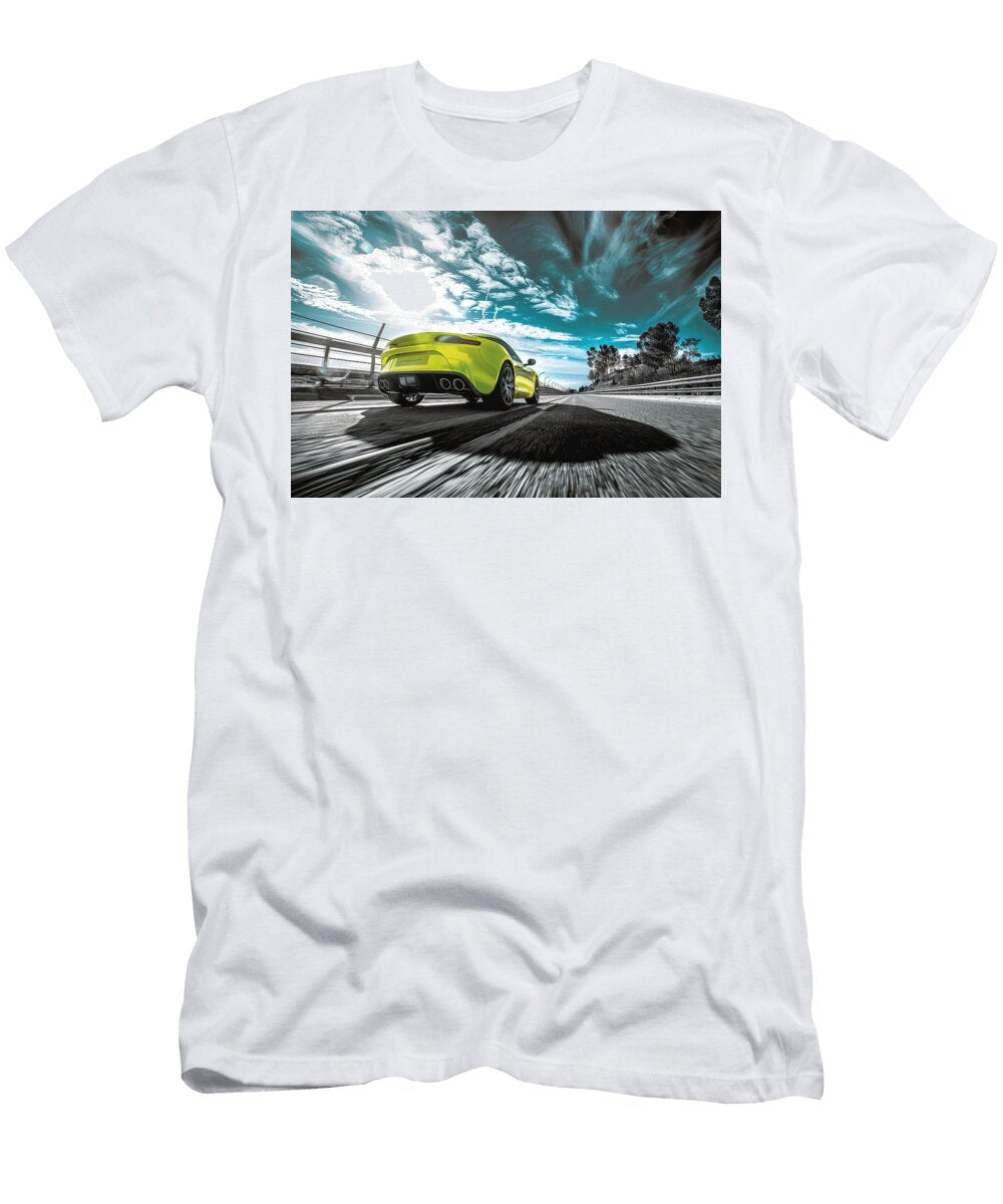 Speeding Yellow Sports Car on Open Road Evie Carrier T-Shirt