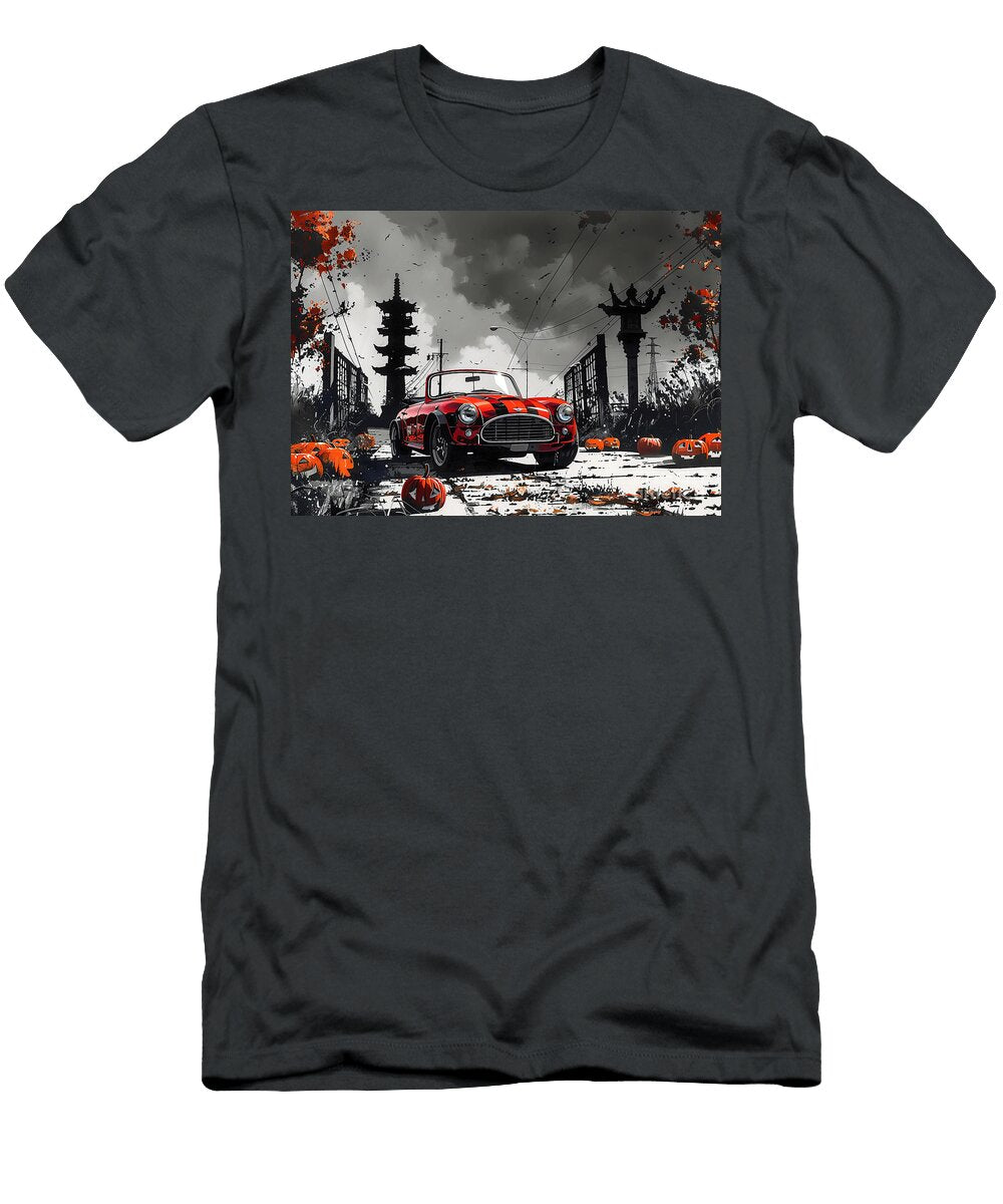 Spooky Halloween Night with a Red Convertible Mini Roadster and Jack O Lanterns Clark Leffler T-Shirt