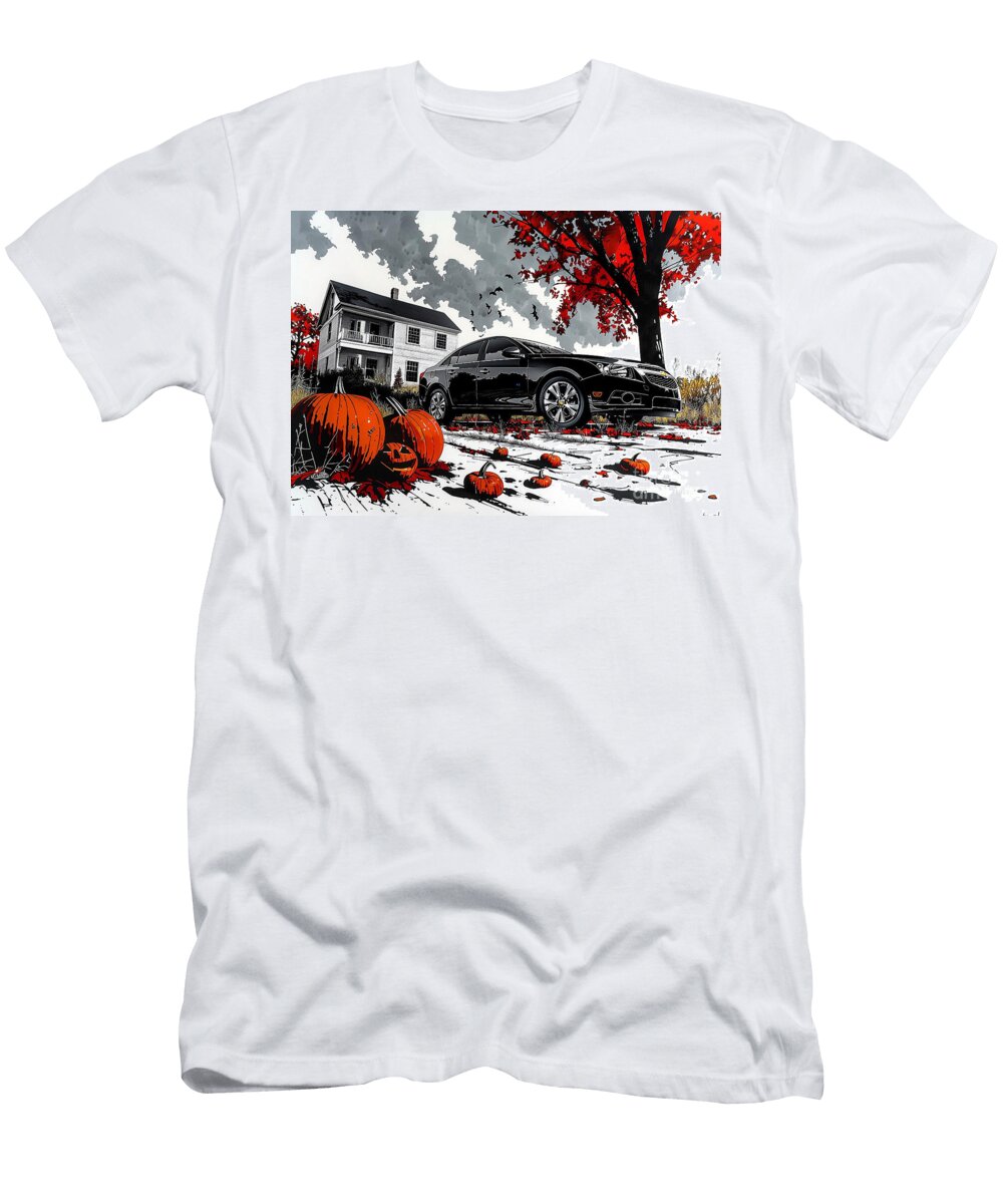Spooky Halloween Scene with Chevrolet Cruze Sedan and Pumpkins Clark Leffler T-Shirt