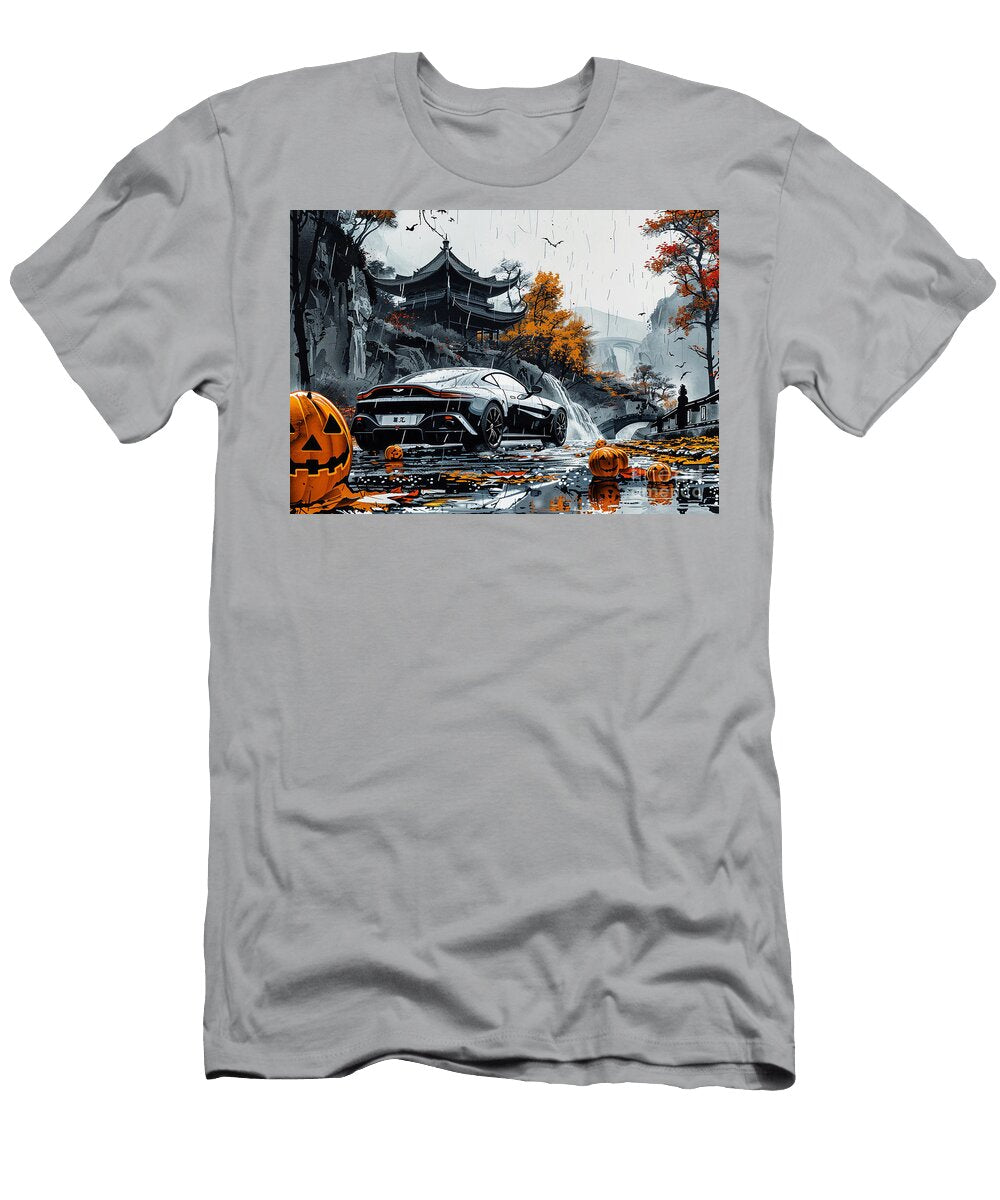 Sports Aston Martin Vantage Roadster in Autumn Landscape with Halloween Pumpkins Clark Leffler T-Shirt