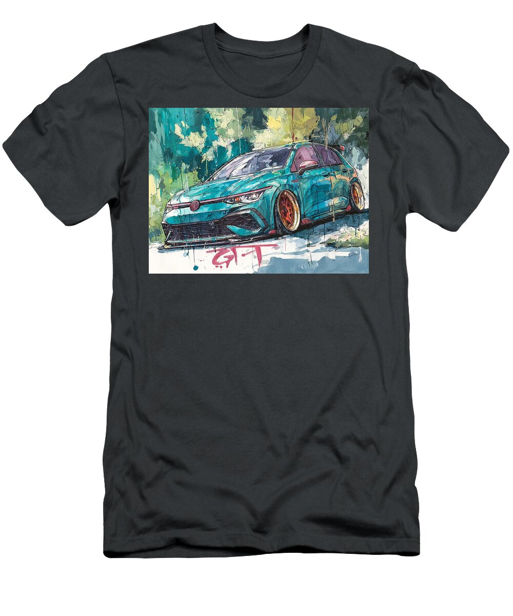 Sports Car in a Vibrant Forest Volkswagen Golf Gti 2023 Hatchback Car Art Forest Scene Teal Car in F Hollie Love T-Shirt
