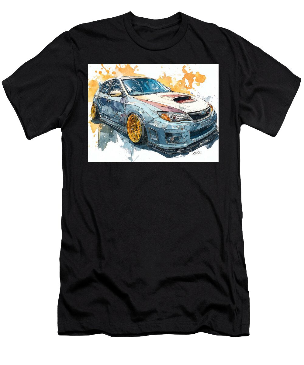 Sporty Car with Gold Rims Subaru Impreza Wrx Sti 2007 Hatchback Car Artwork Watercolor Painting Wate Hollie Love T-Shirt
