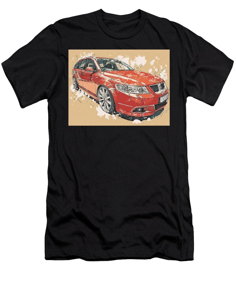 Sporty Red Sedan Artwork Saab 9 3 Sportcombi 2006 Wagon Artistic Car Design Red Car Drawing Red Car Hollie Love T-Shirt