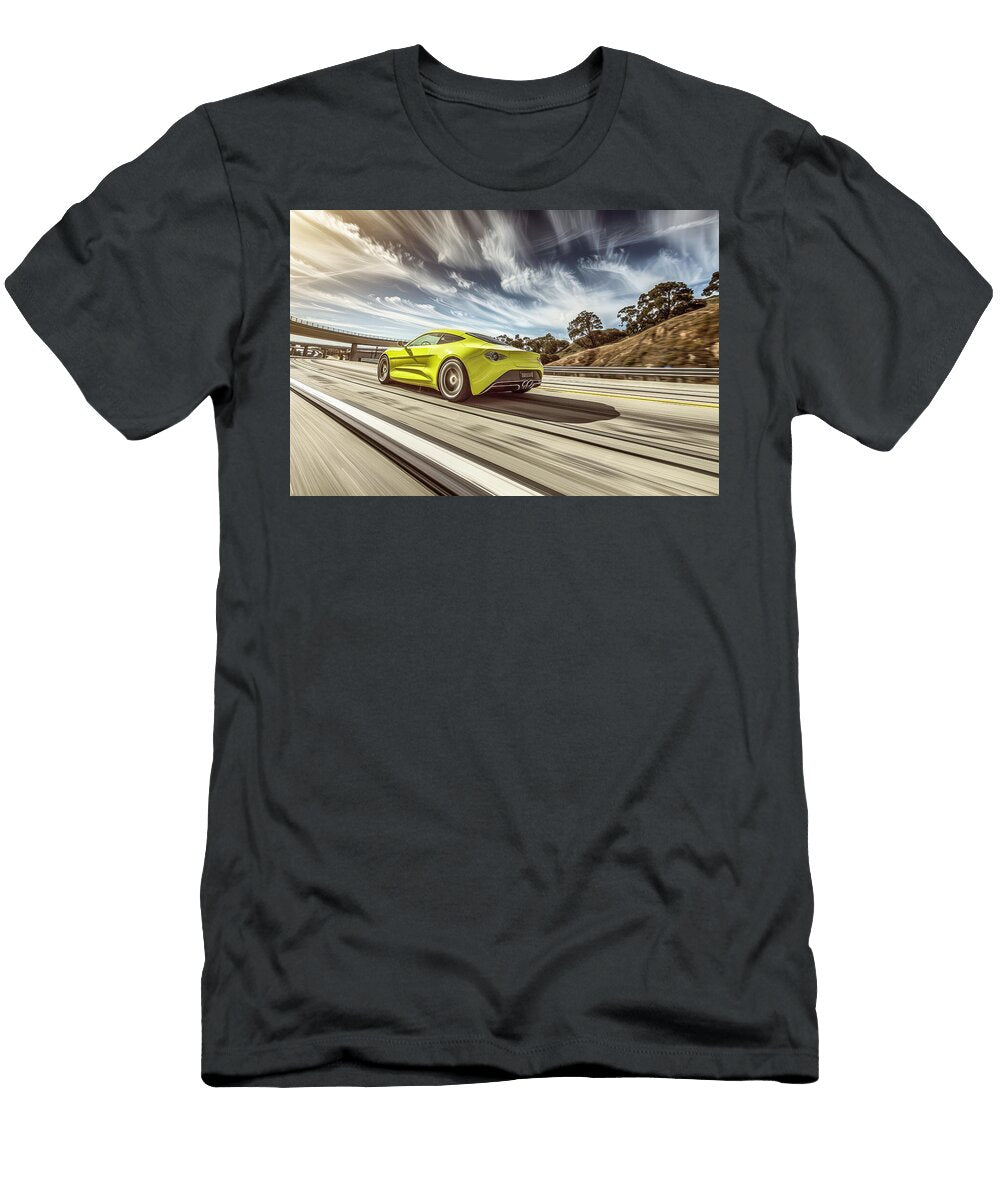 Sporty Yellow Car on Highway Evie Carrier T-Shirt