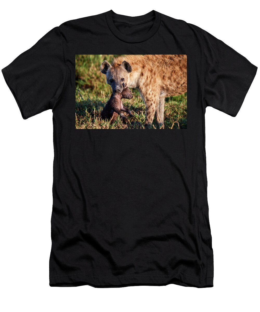 Spotted Hyena Mother Carrying 23 Weeks Cub to the Den Eric Baccega Natureplcom T-Shirt