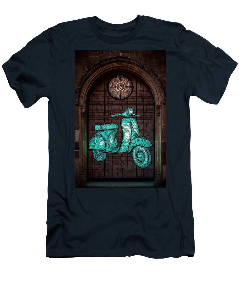 Stained Glass Scooter in Gothic Arch Vintage Vespa Luna Farmer T-Shirt