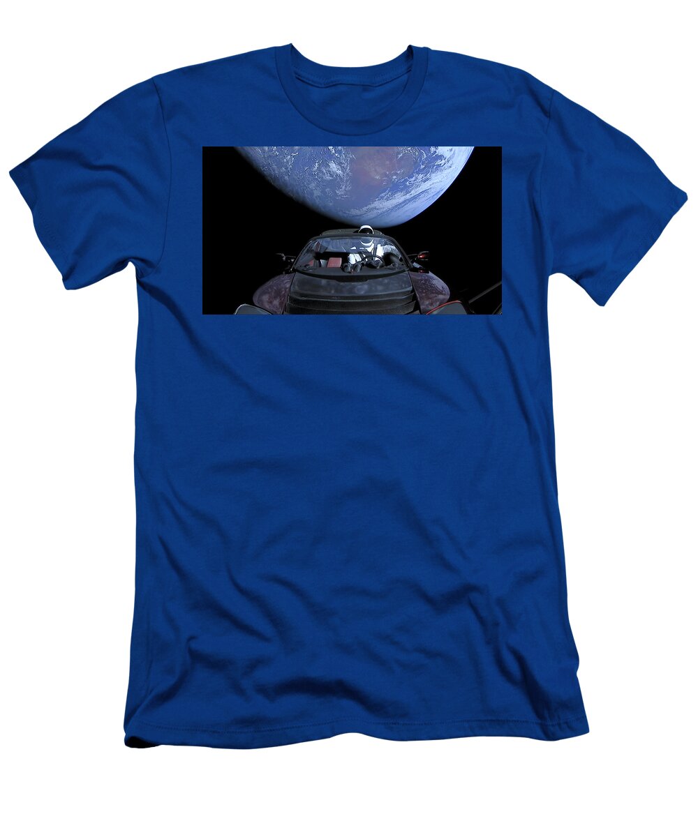 Starman in Tesla Roadster with Planet Earth Traveling in the Space and the East Coast of Australia I Celestial Images T-Shirt