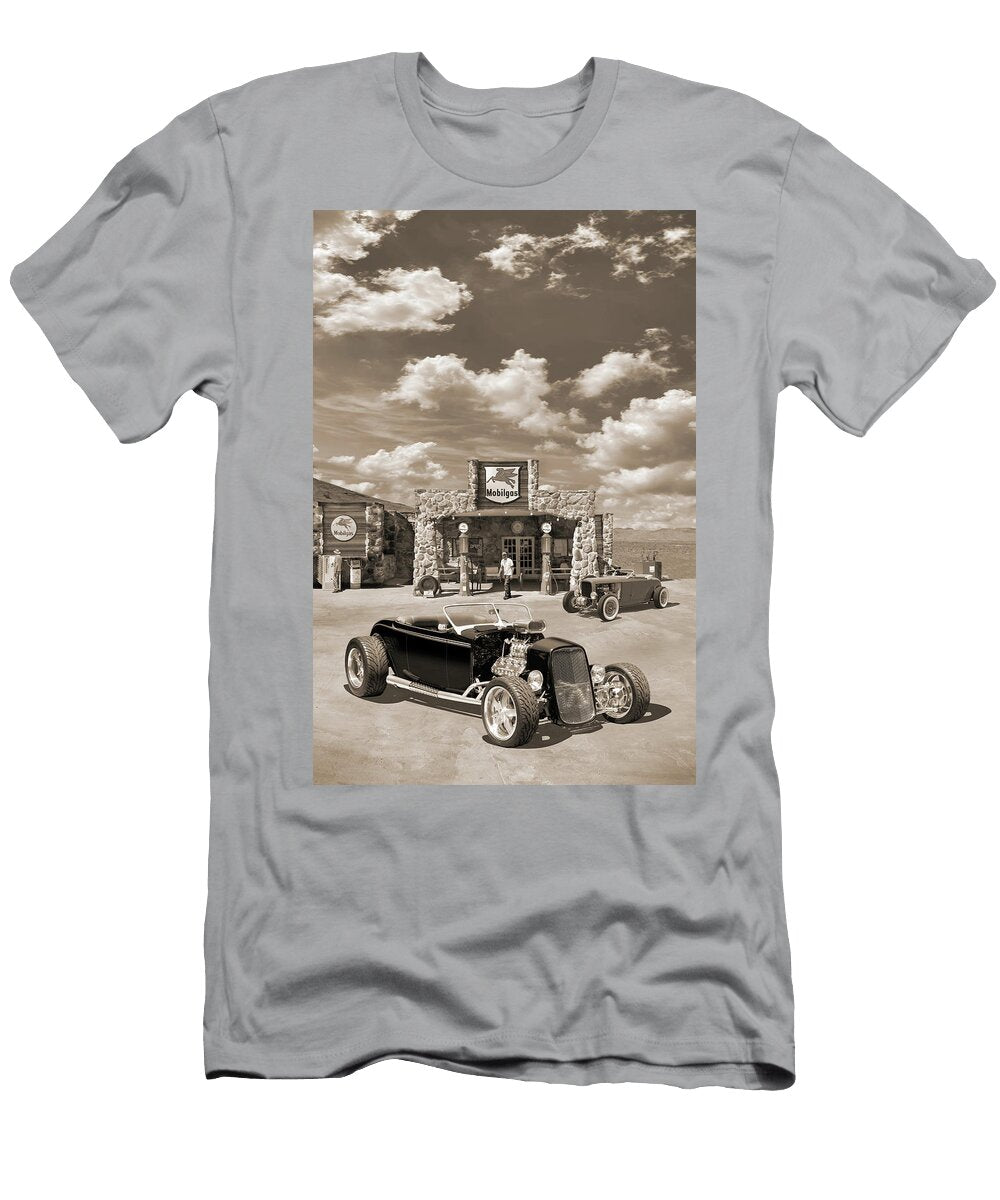 Street Rod At Mobil Station Sepia Mike Mcglothlen T-Shirt