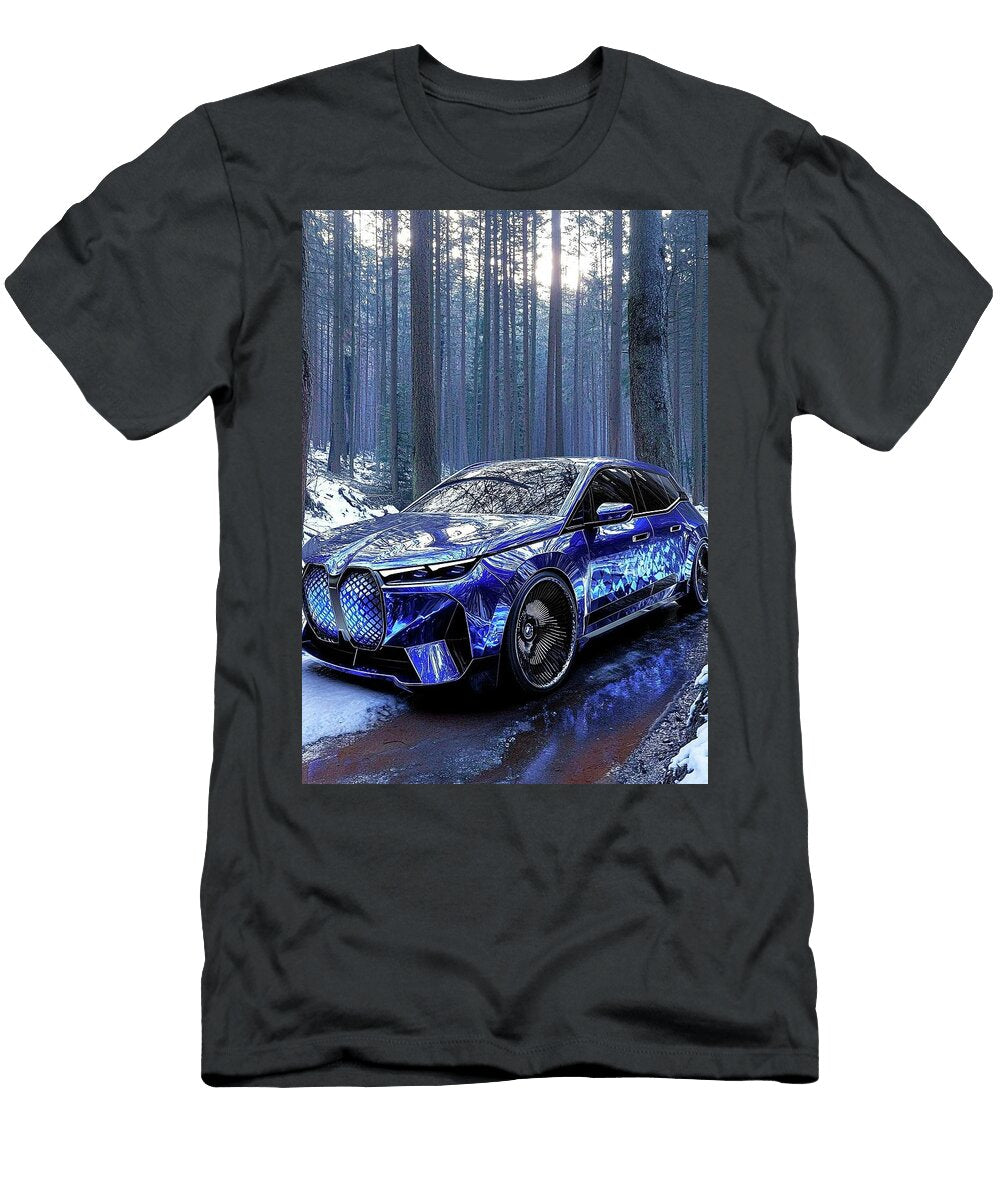 Stunning Blue Electric Car in a Winter Forest Donato Williamson T-Shirt