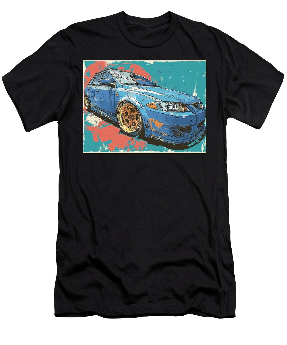 Stylish Blue Car with Gold Wheels Car Illustration Saab 9 2x 2004 Hatchback Abstract Art Colorful Ca Hollie Love T-Shirt