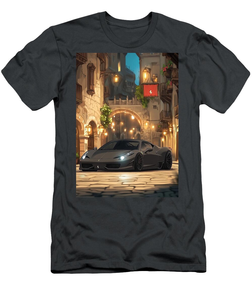 Stylish Dark Car in a Medieval City At Night Cortez Schinner T-Shirt