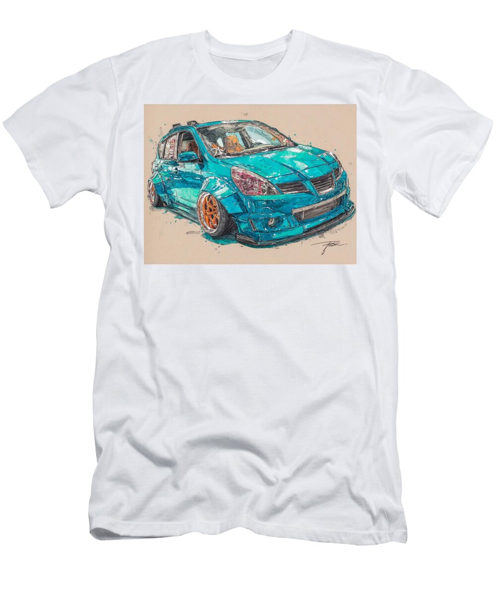 Stylized Blue Car with Orange Rims Car Illustration Nissan Versa 2006 Hatchback Custom Design Turquo Hollie Love T-Shirt