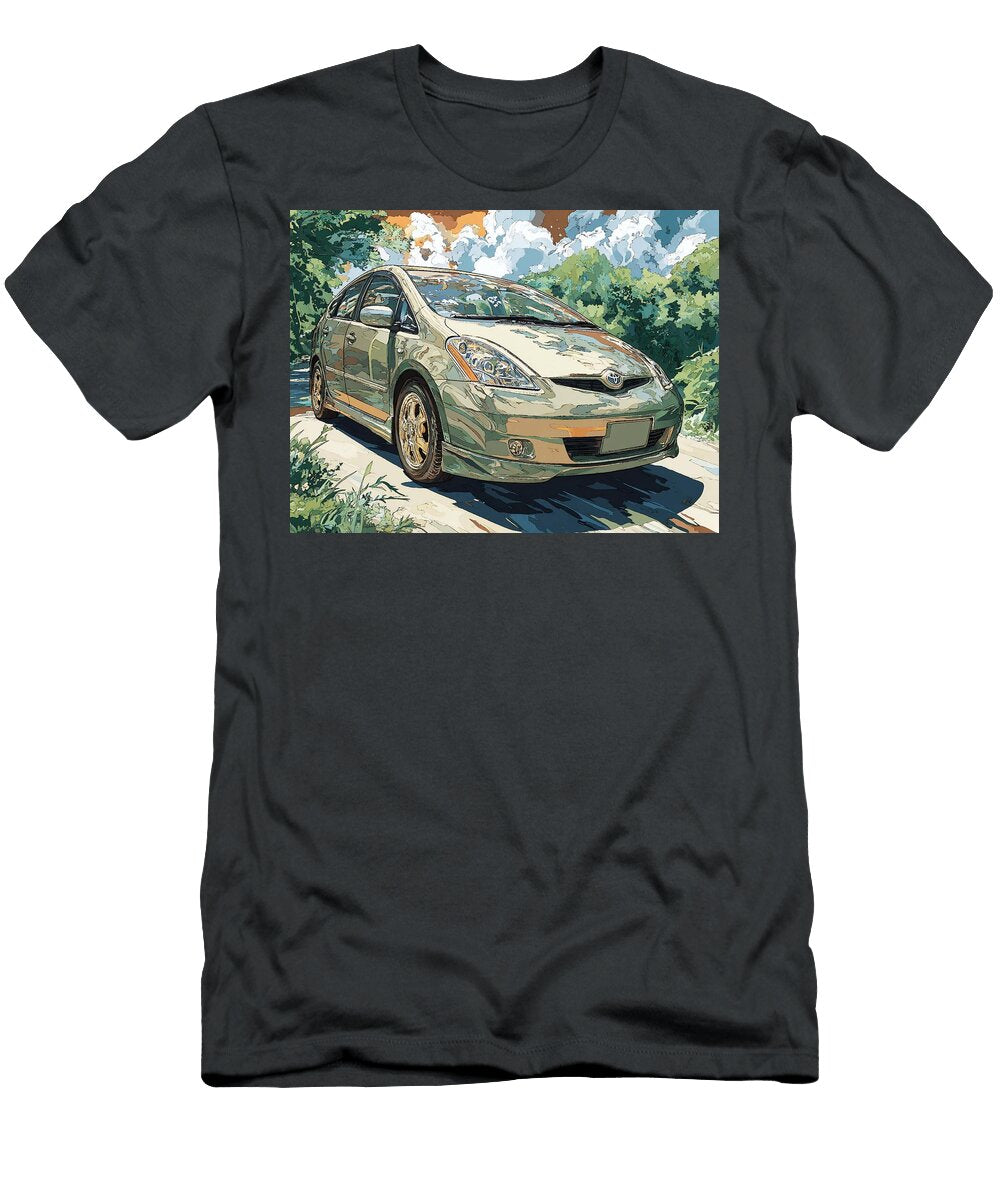 Stylized Hybrid Car in Nature Toyota Prius 2003 Hatchback Green Car Nature Scene Green Car in Nature Hollie Love T-Shirt