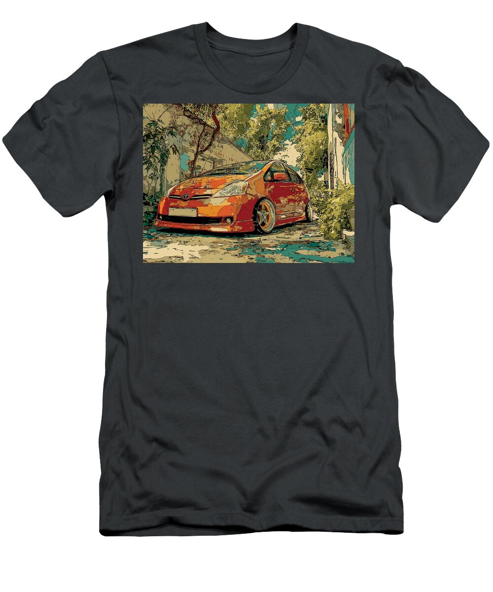Stylized Red Car Among Trees Toyota Prius 2003 Hatchback Urban Scene Colorful Car Vibrant City Car Hollie Love T-Shirt
