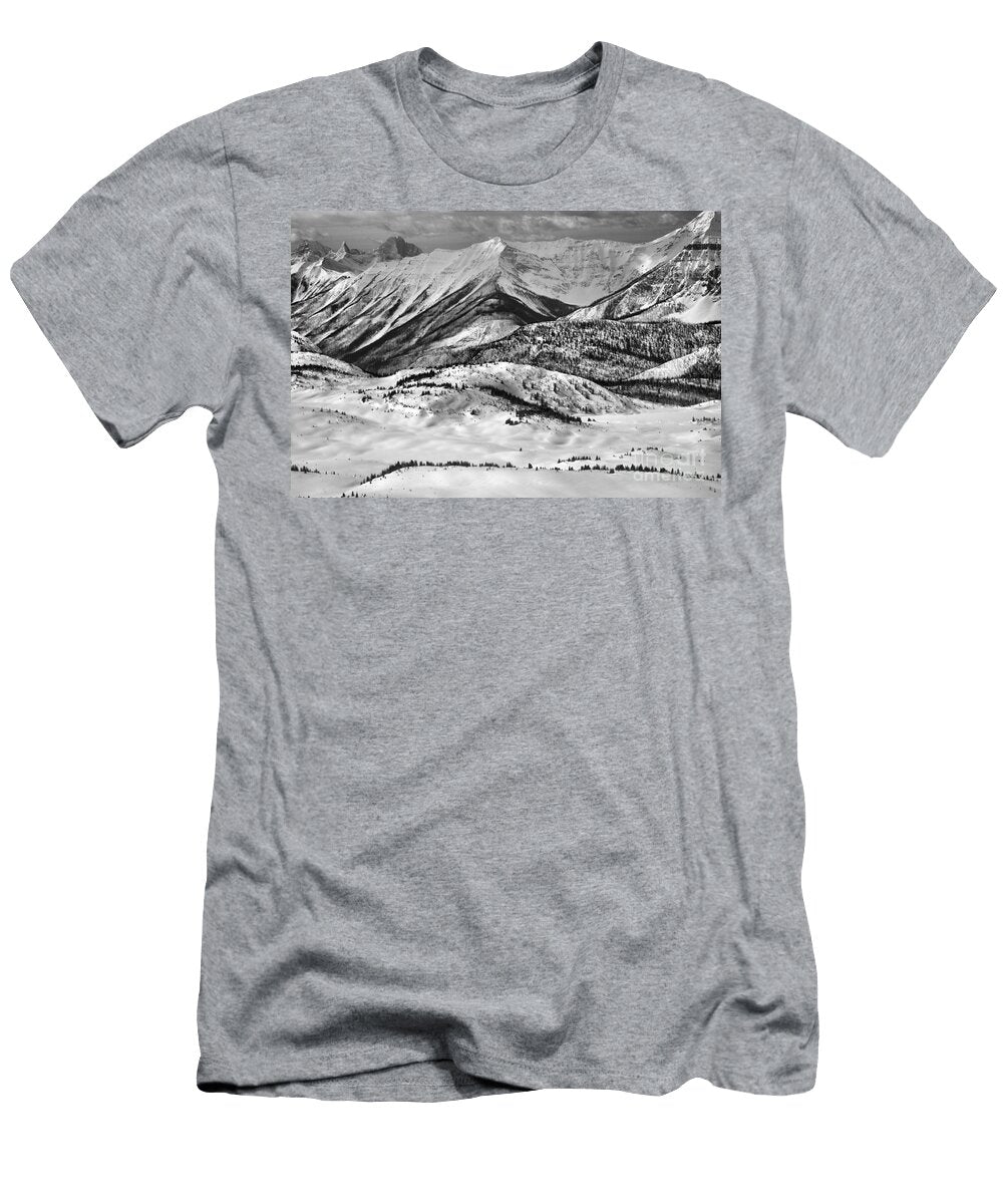 Sunshine Village Snowy Peaks and Ridges Black and White Adam Jewell T-Shirt