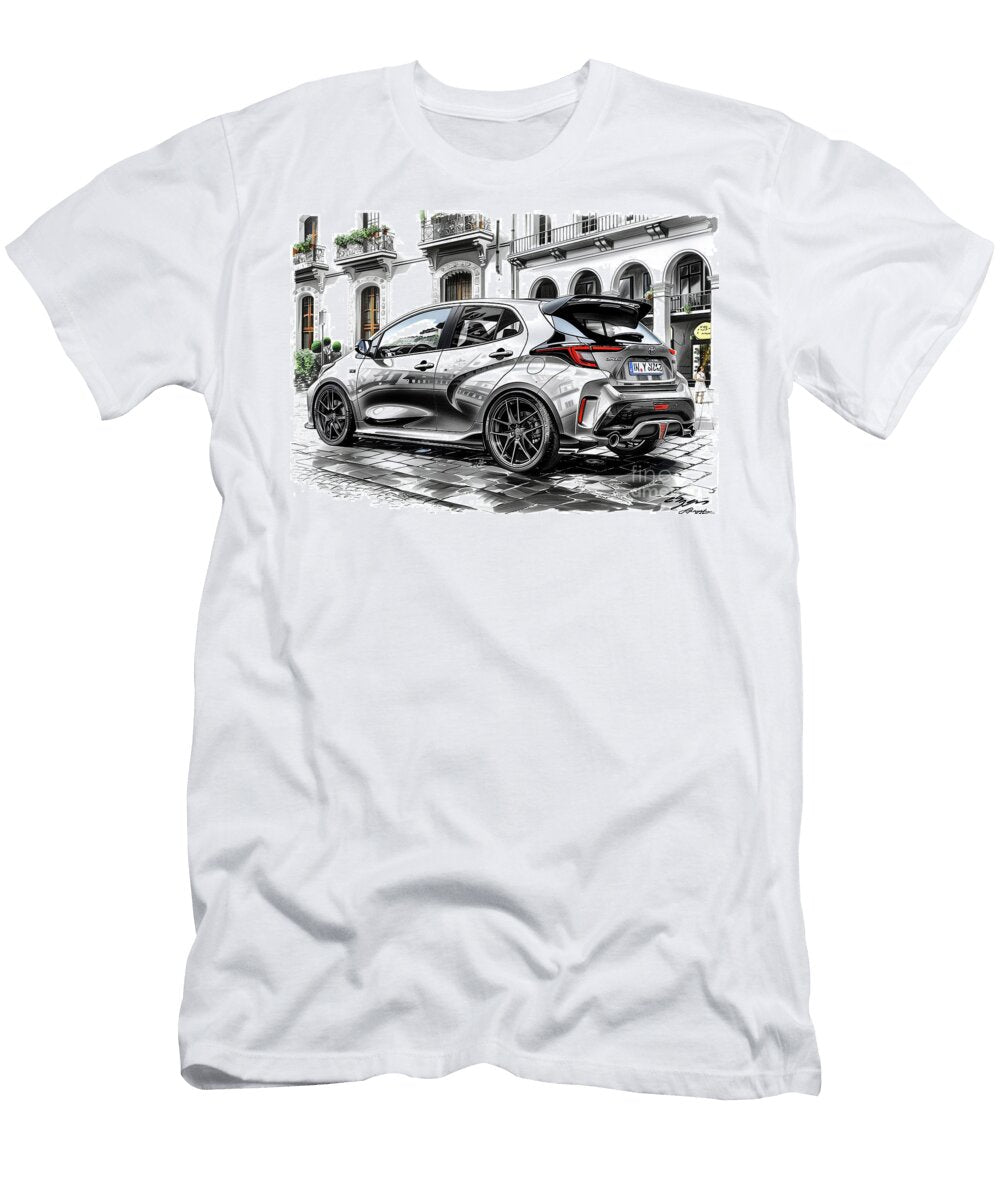 Toyota Yaris Silver Hatchback Car in City Setting Detailed Sketch Lowell Harann T-Shirt
