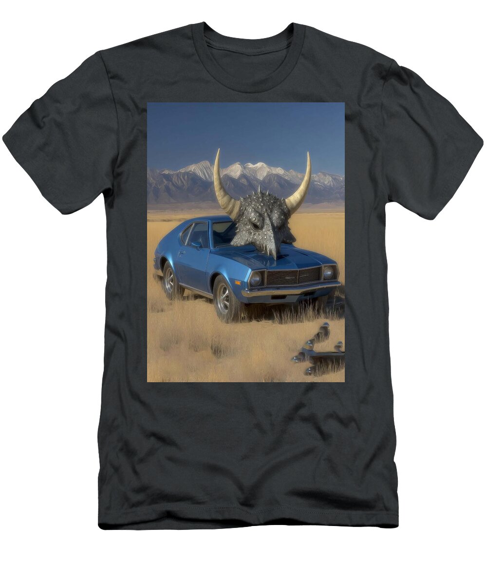 Triceratops Car in a Desert 1974 Amc Hornet X Hatchback 304 Carla York T-Shirt
