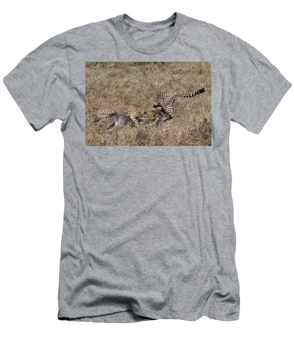 Two Cheetah Killing Blue Wildebeest After Successful Hunt Sylvain Cordier Natureplcom T-Shirt