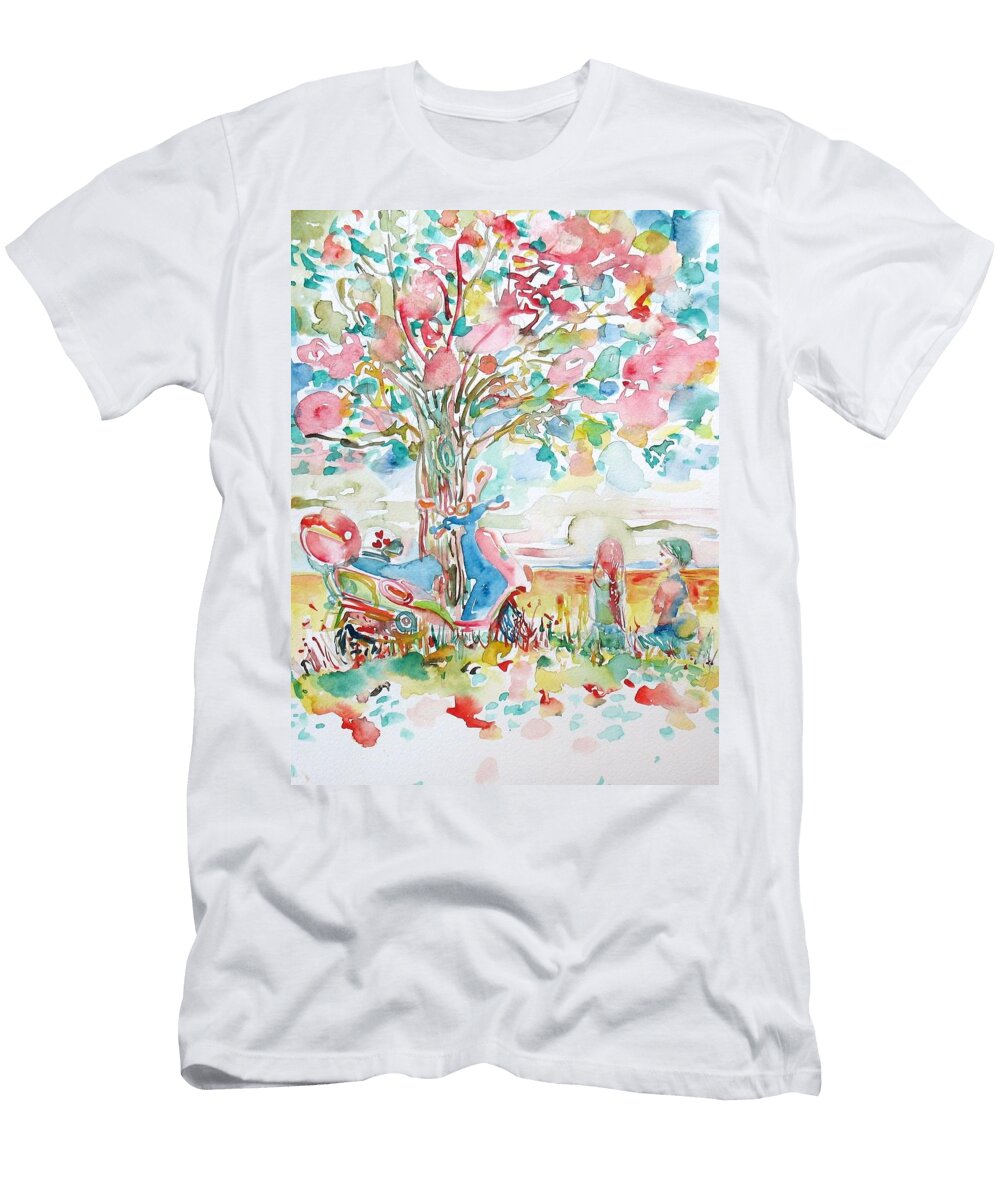 Two Girls Under a Tree on the Top of a Hill Staring At the Sea with Scooter Fabrizio Cassetta T-Shirt