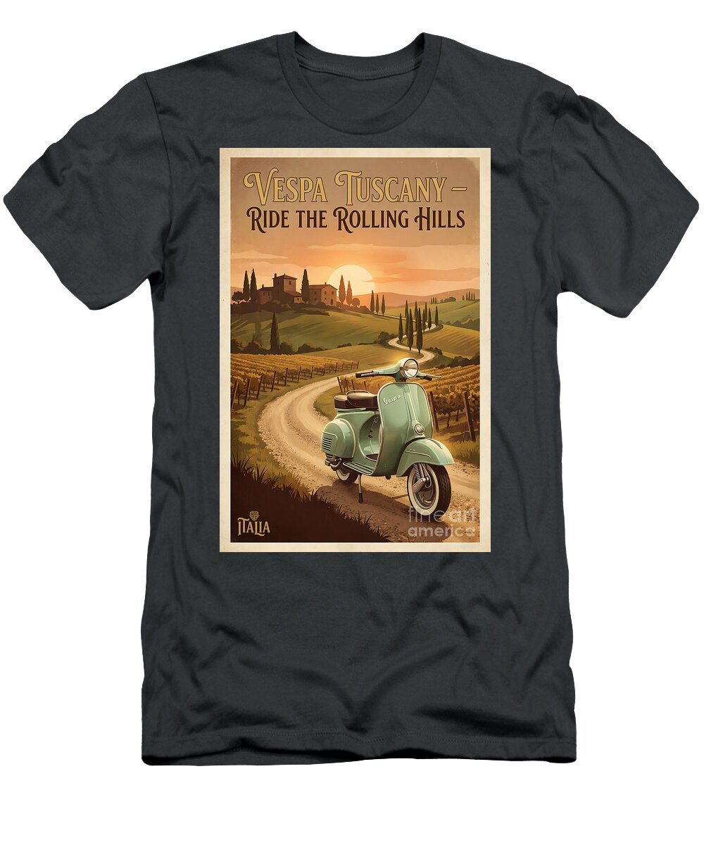 Vespa on Tuscany Hillside Ceemkos Vintage Corner T-Shirt