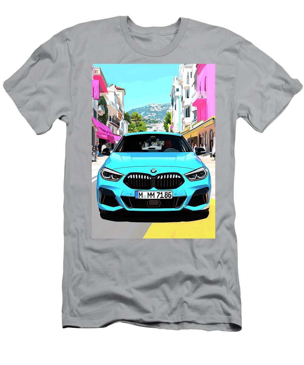 Vibrant Blue Car in a Stylish Cityscape Donato Williamson T-Shirt