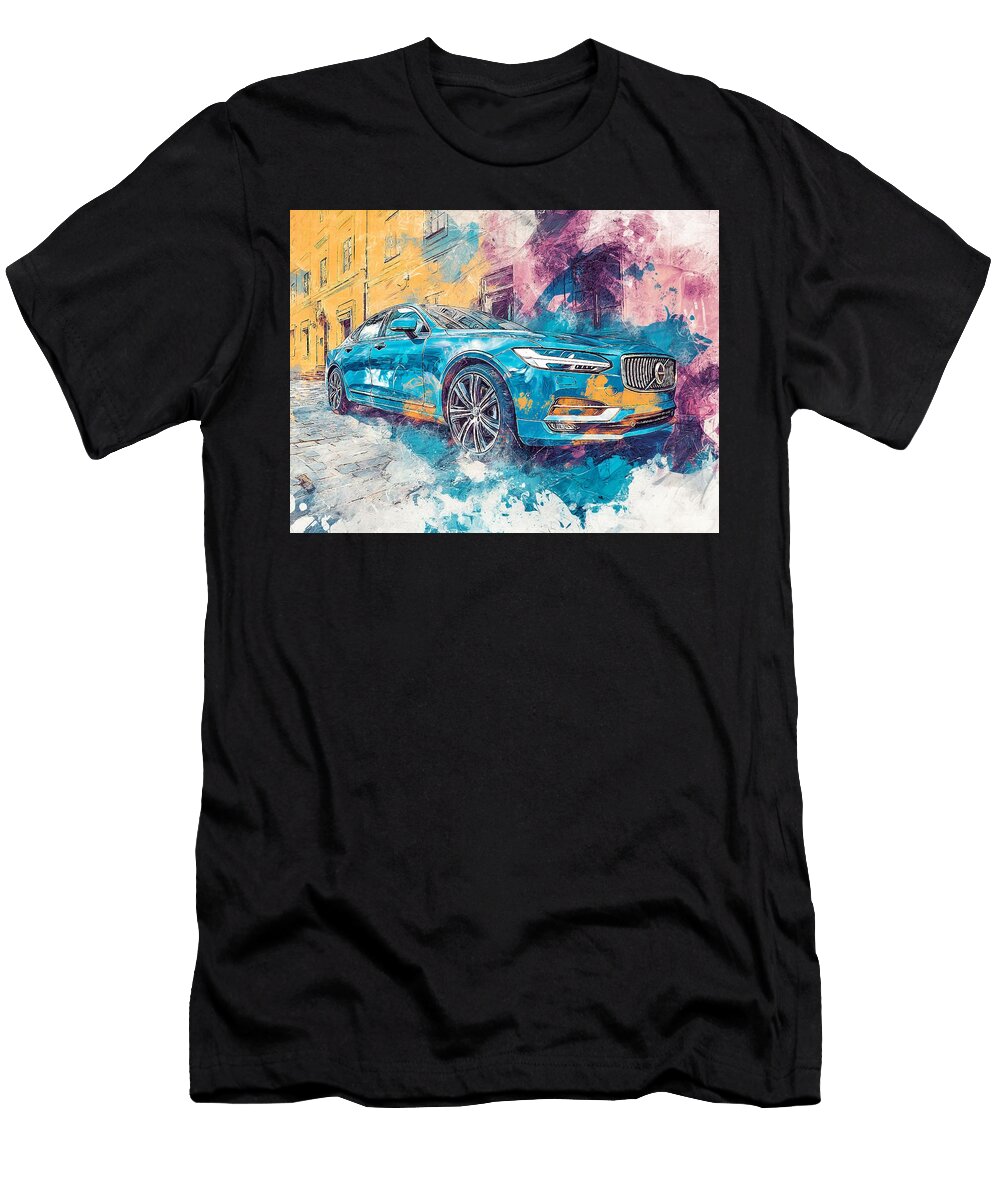 Vibrant Blue Sedan on Cobblestone Street Modern Vehicle Volvo S90 2023 Sedan Urban Car Vibrant City Hollie Love T-Shirt