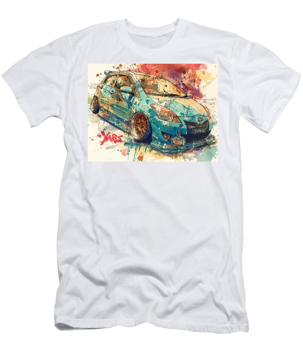 Vibrant Blue Yaris with Bold Splashes Toyota Yaris 2006 Hatchback Watercolor Art Colorful Car Waterc Hollie Love T-Shirt