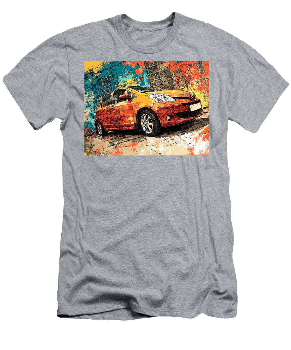 Vibrant Car in Urban Setting Toyota Yaris 2006 Hatchback Colorful Art Urban Car Vibrant City Car Art Hollie Love T-Shirt