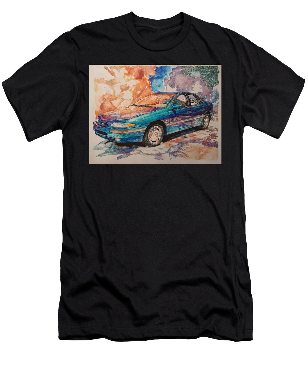 Vibrant Sedan Illustration Colorful Artwork Saturn Sl 2000 Sedan Detailed Car Drawing Vibrant Blue C Hollie Love T-Shirt