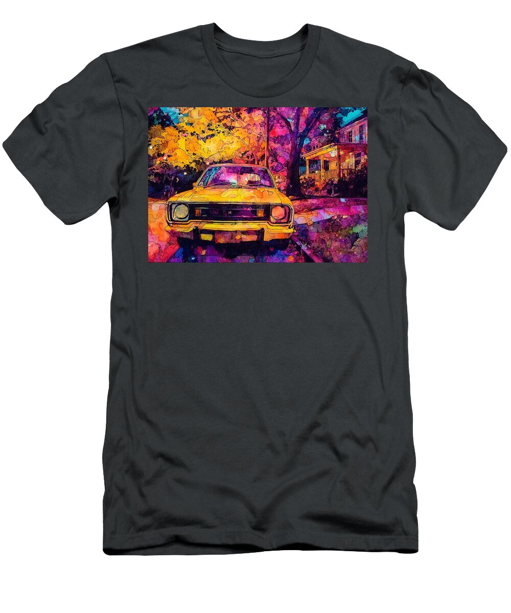 Vibrant Yellow Car on Colorful Street Flora Brown T-Shirt