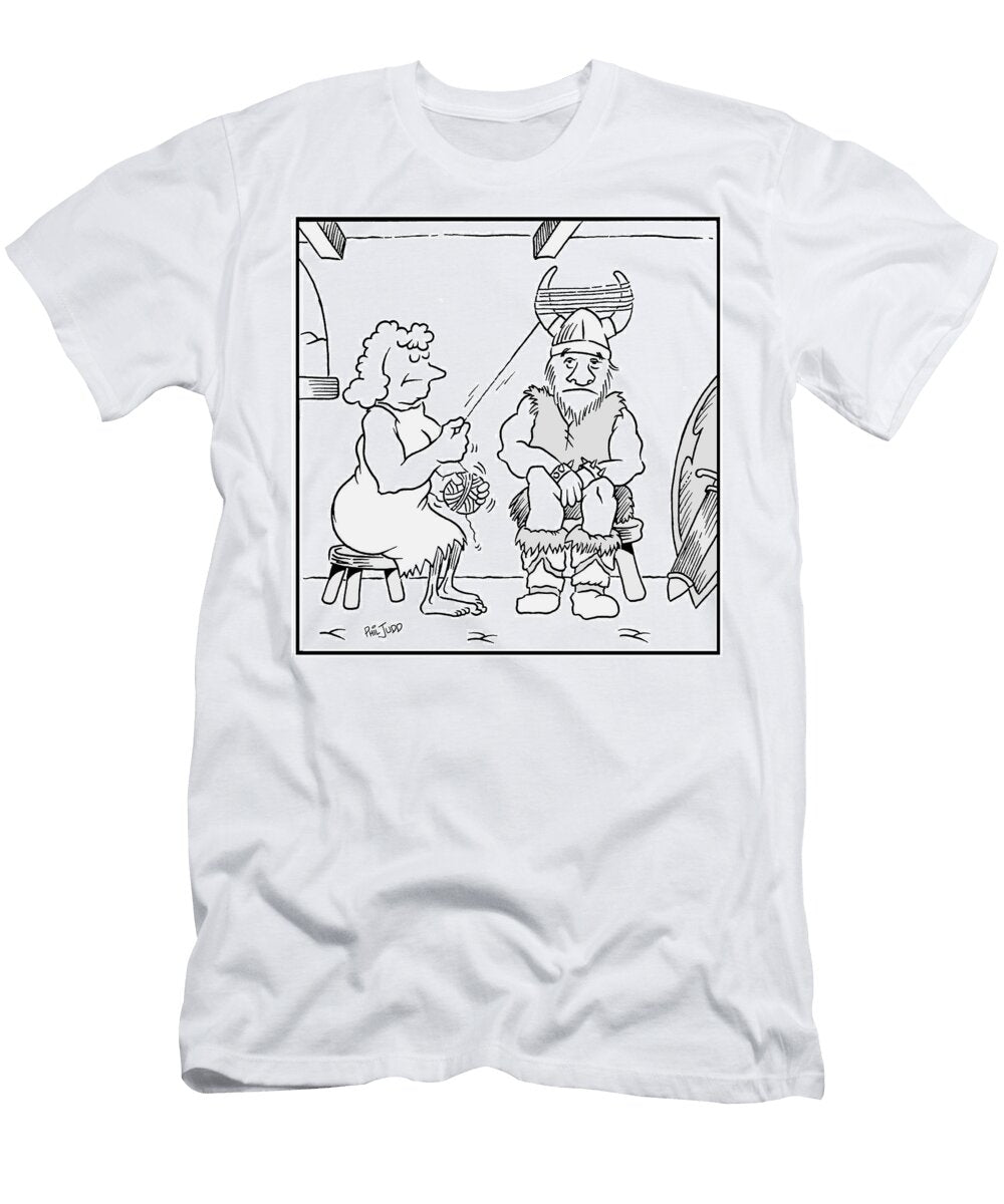 Viking Sitting Patiently While His Wife Winds Her Wool Phil Judd T-Shirt