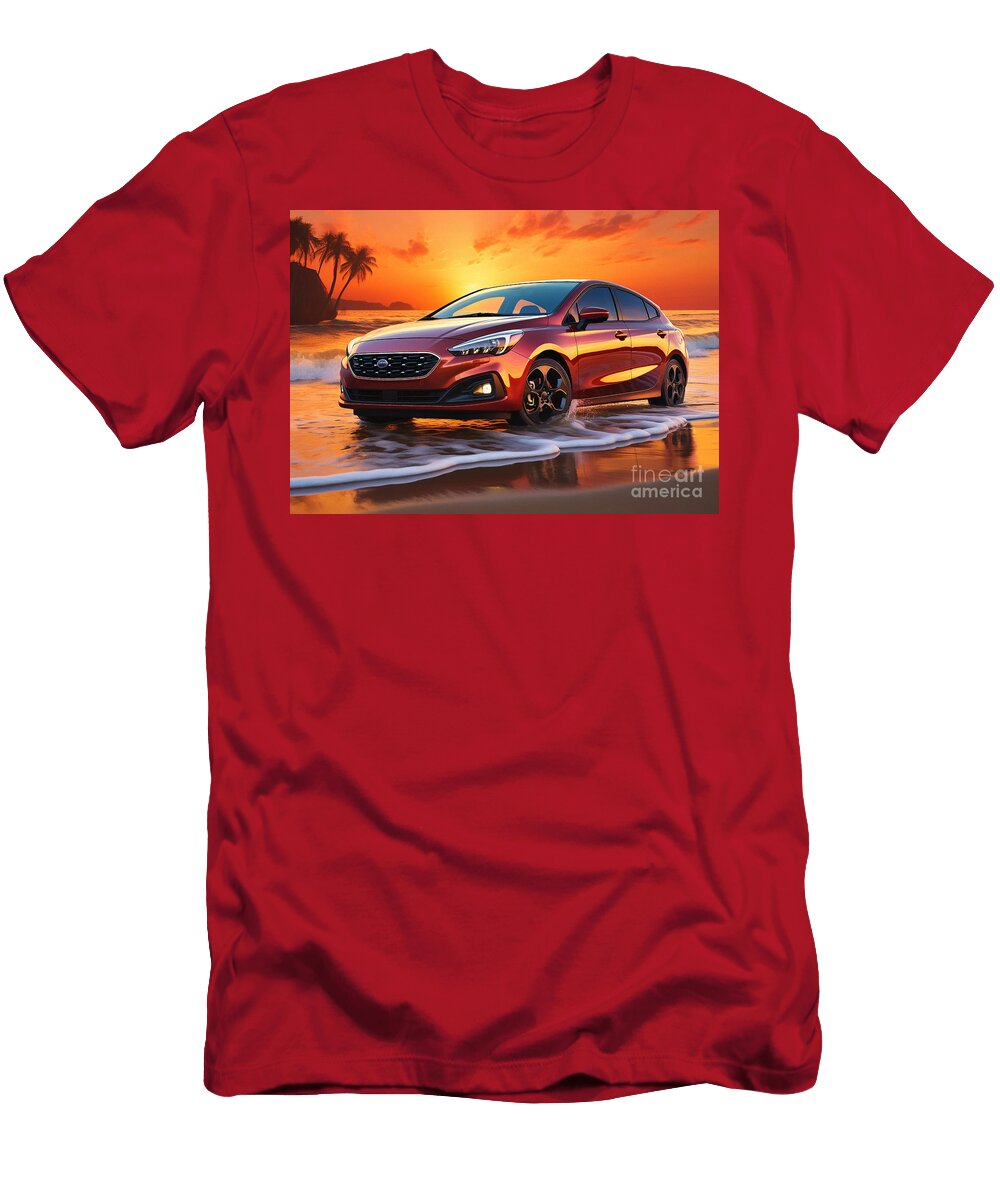 Vintage Beach Chevrolet Cruze Hatchback Car At Sunset Destiney Sullivan T-Shirt