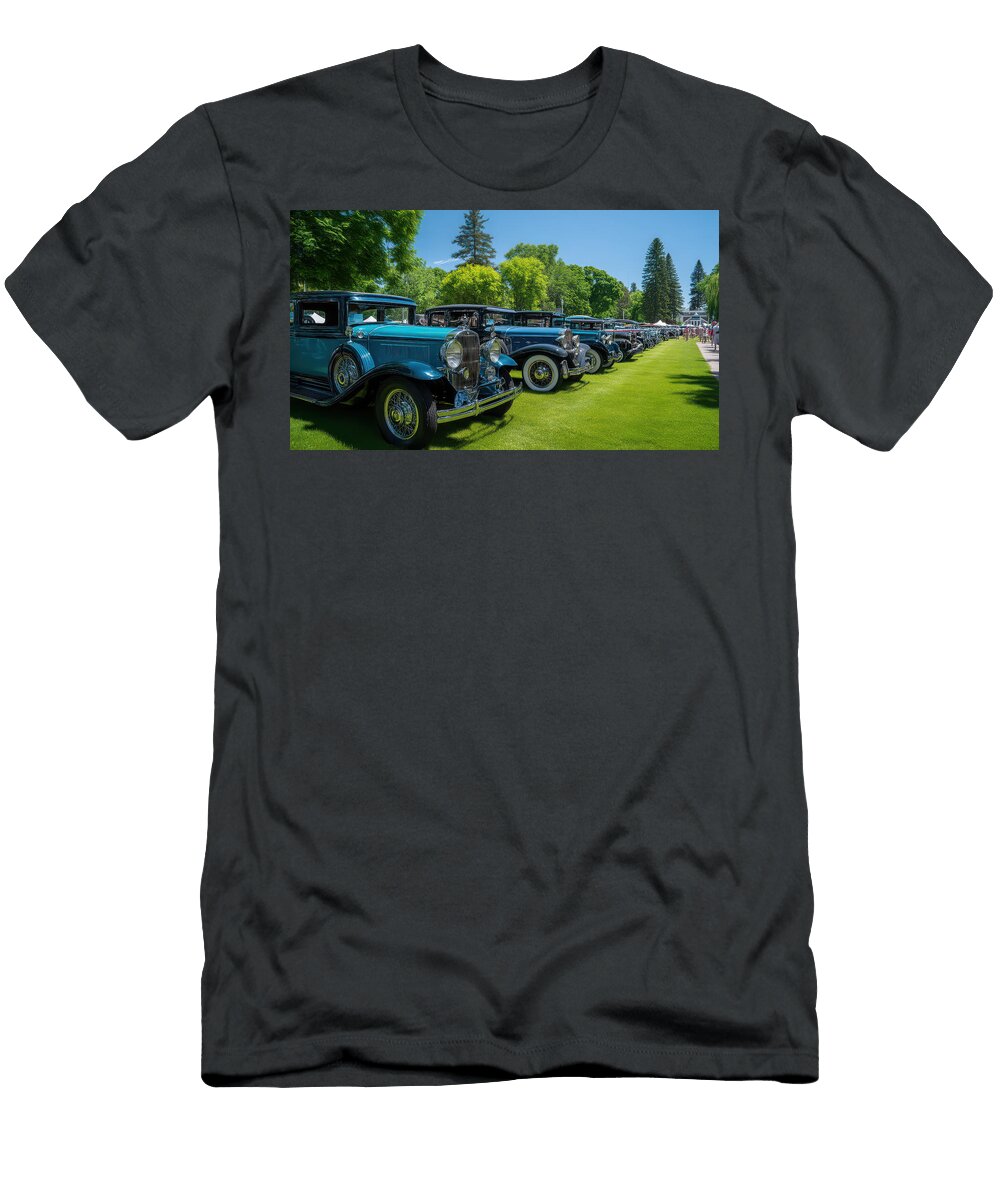 Vintage Blue Cars Lined Up in Park Evie Carrier T-Shirt