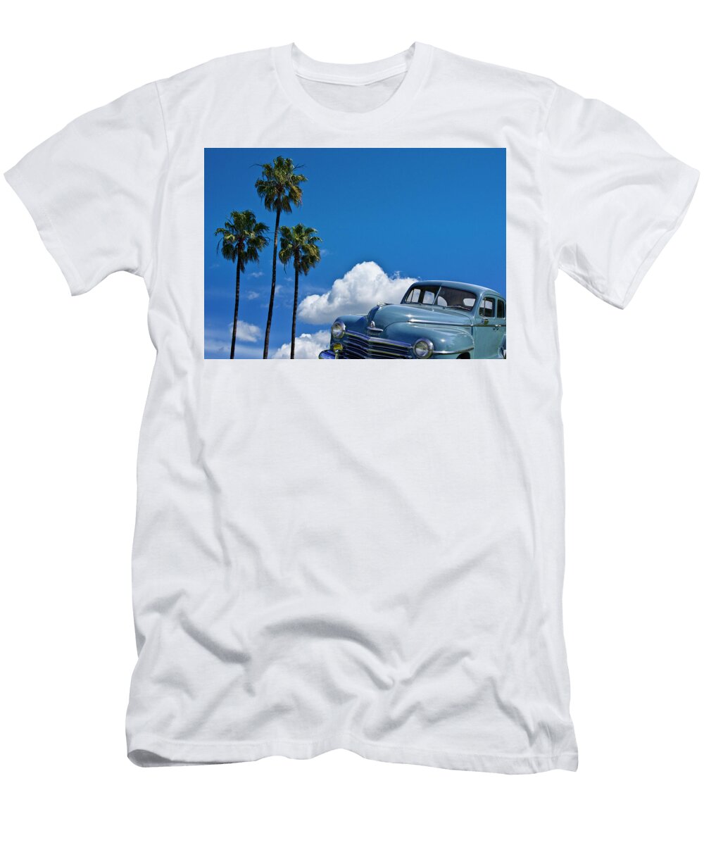 Vintage Blue Plymouth Automobile Against Palm Trees Randall Nyhof T-Shirt