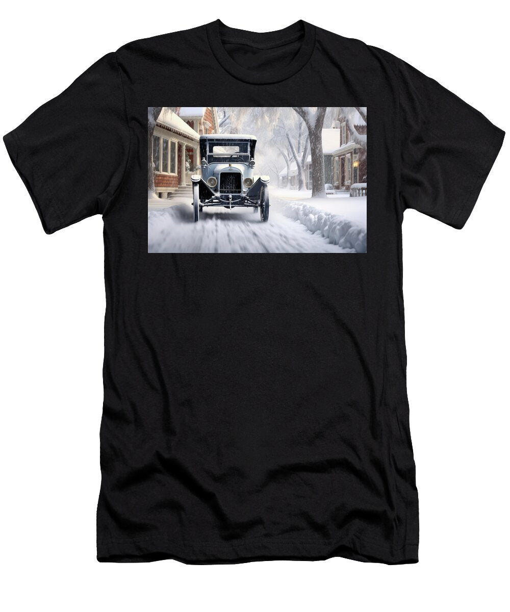 Vintage Car on Winter Road Evie Carrier T-Shirt
